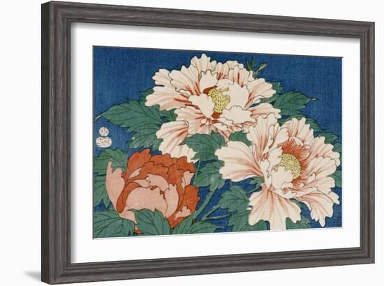 Three Stems of Peonies on a Blue Background, 1857-Ando Hiroshige-Framed Giclee Print