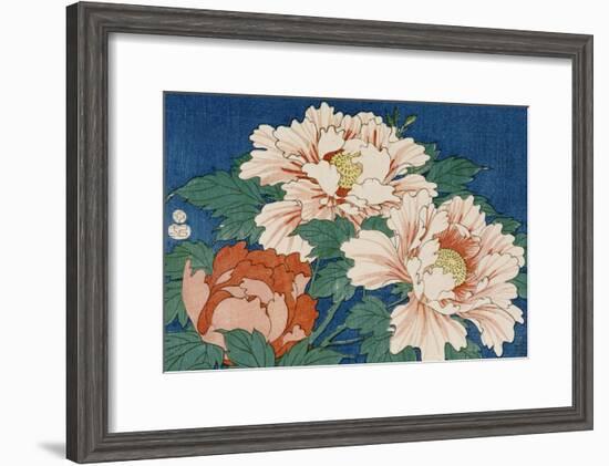 Three Stems of Peonies on a Blue Background, 1857-Ando Hiroshige-Framed Giclee Print