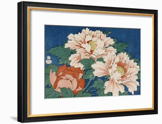 Three Stems of Peonies on a Blue Background, 1857-Ando Hiroshige-Framed Giclee Print