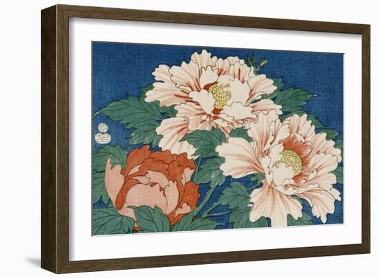 Three Stems of Peonies on a Blue Background, 1857-Ando Hiroshige-Framed Giclee Print