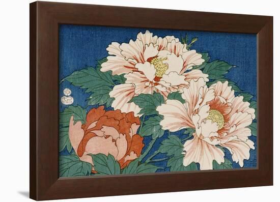 Three Stems of Peonies on a Blue Background, 1857-Ando Hiroshige-Framed Giclee Print