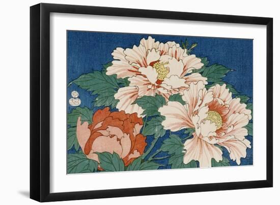 Three Stems of Peonies on a Blue Background, 1857-Ando Hiroshige-Framed Giclee Print