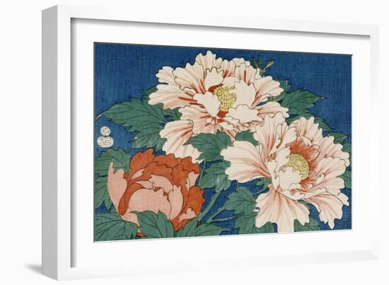 Three Stems of Peonies on a Blue Background, 1857-Ando Hiroshige-Framed Giclee Print