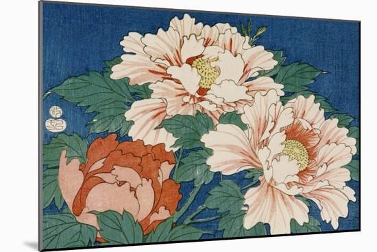 Three Stems of Peonies on a Blue Background, 1857-Ando Hiroshige-Mounted Giclee Print