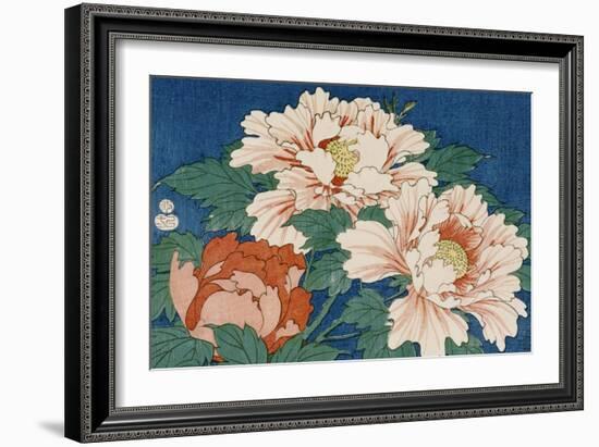 Three Stems of Peonies on a Blue Background, 1857-Ando Hiroshige-Framed Giclee Print