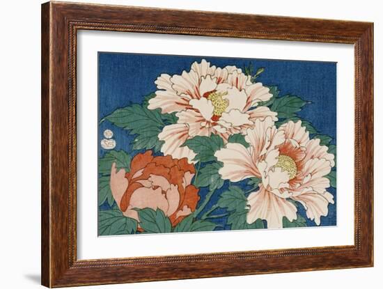 Three Stems of Peonies on a Blue Background, 1857-Ando Hiroshige-Framed Premium Giclee Print