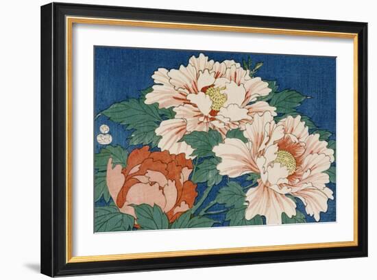 Three Stems of Peonies on a Blue Background, 1857-Ando Hiroshige-Framed Premium Giclee Print