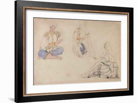 Three Studies of a Seated Moroccan Girl (Black Lead & W/C on Paper)-Ferdinand Victor Eugene Delacroix-Framed Giclee Print