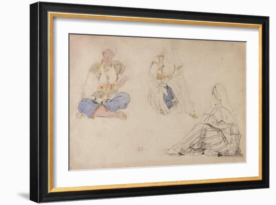 Three Studies of a Seated Moroccan Girl (Black Lead & W/C on Paper)-Ferdinand Victor Eugene Delacroix-Framed Giclee Print