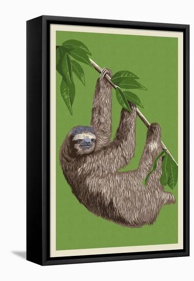 Three Toed Sloth - Letterpress-Lantern Press-Framed Stretched Canvas