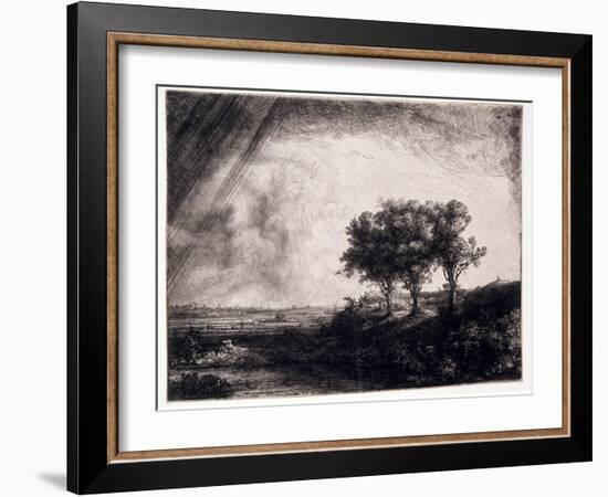 Three Trees on a Small Hillock Overlooking a Path with a Figure Sitting on a Bench, c.1643-Rembrandt van Rijn-Framed Giclee Print