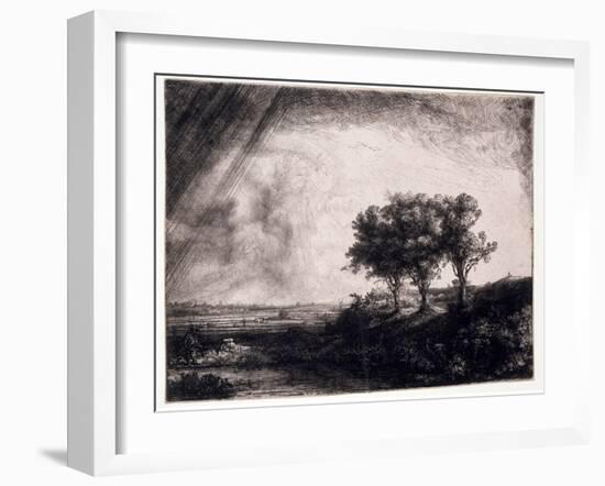 Three Trees on a Small Hillock Overlooking a Path with a Figure Sitting on a Bench, c.1643-Rembrandt van Rijn-Framed Giclee Print