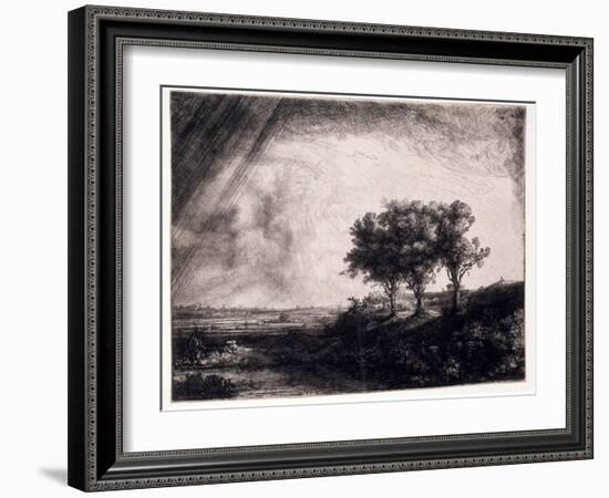 Three Trees on a Small Hillock Overlooking a Path with a Figure Sitting on a Bench, c.1643-Rembrandt van Rijn-Framed Giclee Print