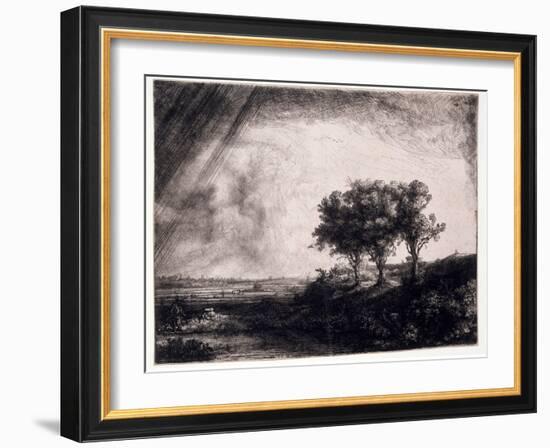Three Trees on a Small Hillock Overlooking a Path with a Figure Sitting on a Bench, c.1643-Rembrandt van Rijn-Framed Giclee Print