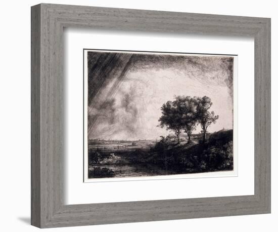 Three Trees on a Small Hillock Overlooking a Path with a Figure Sitting on a Bench, c.1643-Rembrandt van Rijn-Framed Giclee Print