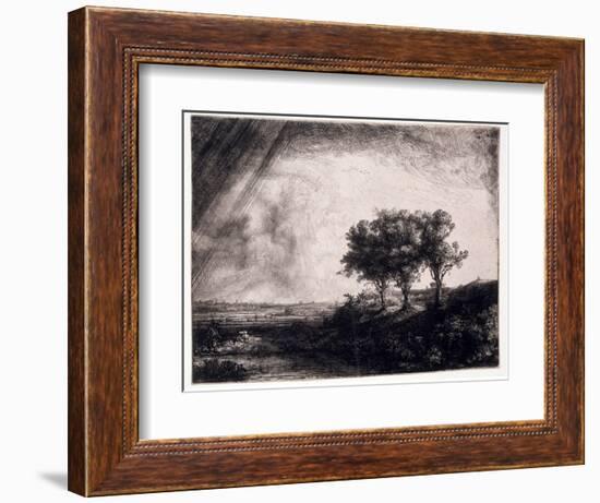 Three Trees on a Small Hillock Overlooking a Path with a Figure Sitting on a Bench, c.1643-Rembrandt van Rijn-Framed Giclee Print