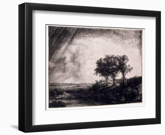 Three Trees on a Small Hillock Overlooking a Path with a Figure Sitting on a Bench, c.1643-Rembrandt van Rijn-Framed Giclee Print