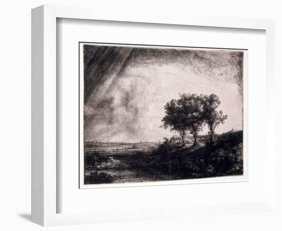 Three Trees on a Small Hillock Overlooking a Path with a Figure Sitting on a Bench, c.1643-Rembrandt van Rijn-Framed Giclee Print