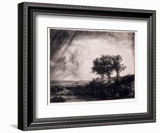 Three Trees on a Small Hillock Overlooking a Path with a Figure Sitting on a Bench, c.1643-Rembrandt van Rijn-Framed Giclee Print