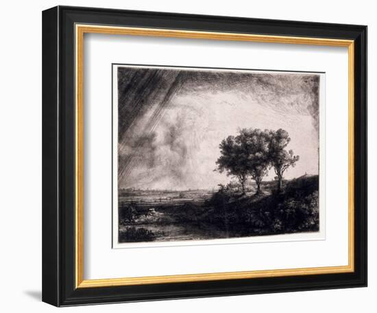 Three Trees on a Small Hillock Overlooking a Path with a Figure Sitting on a Bench, c.1643-Rembrandt van Rijn-Framed Giclee Print