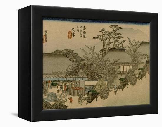 Three Wagons with Oxen Pass a Village Along the Tokaido-Utagawa Hiroshige-Framed Stretched Canvas