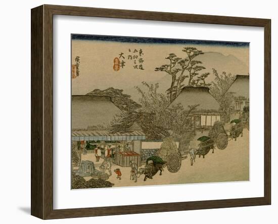 Three Wagons with Oxen Pass a Village Along the Tokaido-Utagawa Hiroshige-Framed Art Print