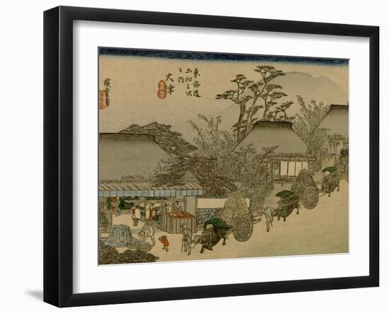 Three Wagons with Oxen Pass a Village Along the Tokaido-Utagawa Hiroshige-Framed Art Print