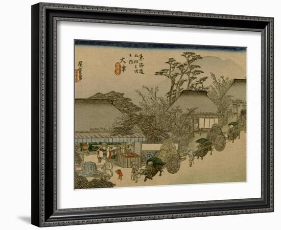 Three Wagons with Oxen Pass a Village Along the Tokaido-Utagawa Hiroshige-Framed Art Print