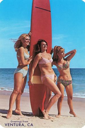 Three Woman Surfers in Bikinis Greetings from Ventura' Art Print | Art.com
