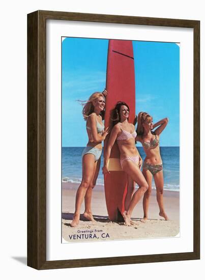 Three Woman Surfers in Bikinis Greetings from Ventura-null-Framed Art Print