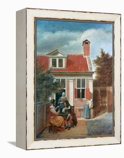 Three Women and a Man in a Courtyard Behind a House, C1657-1659-Pieter de Hooch-Framed Premier Image Canvas