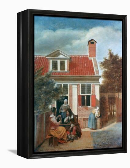 Three Women and a Man in a Courtyard Behind a House, C1657-1659-Pieter de Hooch-Framed Premier Image Canvas