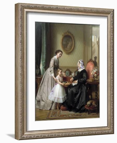 Three Women in a Parlor Room, A Young Girl Offers Fruit to an Elderly Woman, 19th Century-Josef Laurens Dyckmans-Framed Giclee Print