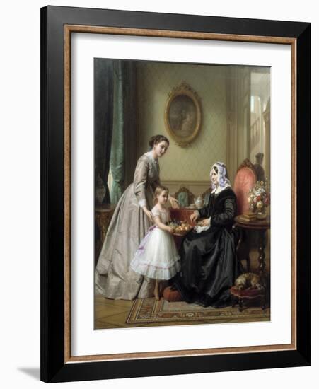 Three Women in a Parlor Room, A Young Girl Offers Fruit to an Elderly Woman, 19th Century-Josef Laurens Dyckmans-Framed Giclee Print