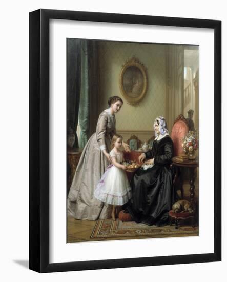 Three Women in a Parlor Room, A Young Girl Offers Fruit to an Elderly Woman, 19th Century-Josef Laurens Dyckmans-Framed Giclee Print