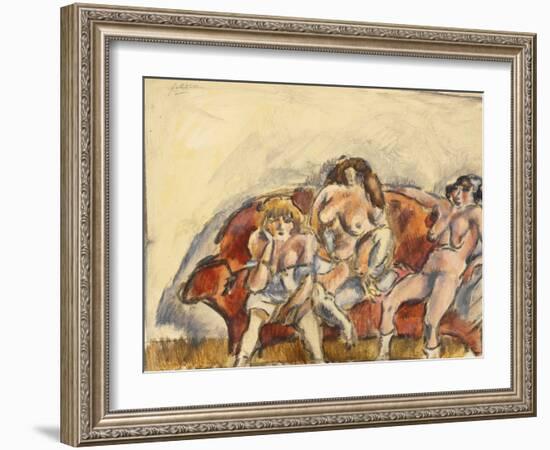 Three Women on a Red Sofa (W/C on Paper)-Jules Pascin-Framed Giclee Print