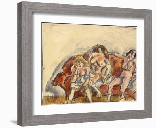 Three Women on a Red Sofa (W/C on Paper)-Jules Pascin-Framed Giclee Print