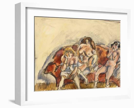 Three Women on a Red Sofa (W/C on Paper)-Jules Pascin-Framed Giclee Print