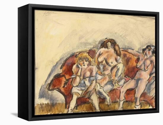 Three Women on a Red Sofa (W/C on Paper)-Jules Pascin-Framed Premier Image Canvas