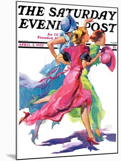 "Three Women Running from Rain," Saturday Evening Post Cover, April 2, 1932-John LaGatta-Mounted Premium Giclee Print