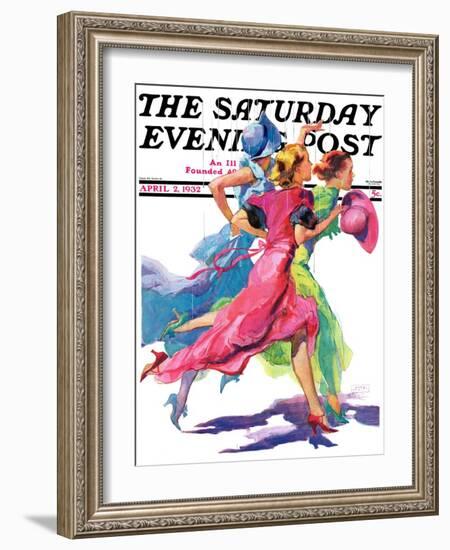 "Three Women Running from Rain," Saturday Evening Post Cover, April 2, 1932-John LaGatta-Framed Giclee Print