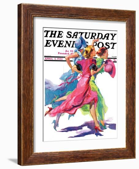 "Three Women Running from Rain," Saturday Evening Post Cover, April 2, 1932-John LaGatta-Framed Giclee Print