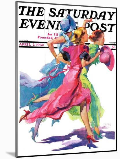 "Three Women Running from Rain," Saturday Evening Post Cover, April 2, 1932-John LaGatta-Mounted Giclee Print