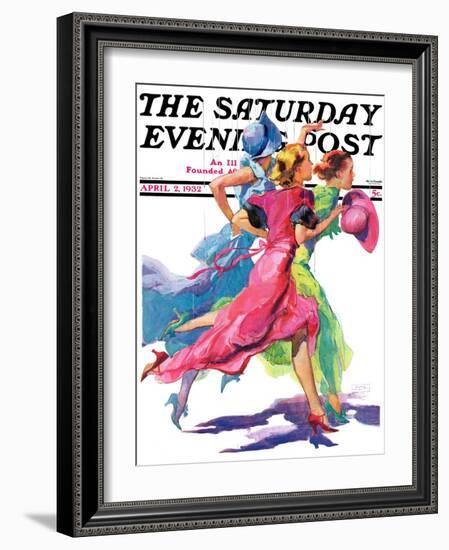 "Three Women Running from Rain," Saturday Evening Post Cover, April 2, 1932-John LaGatta-Framed Giclee Print