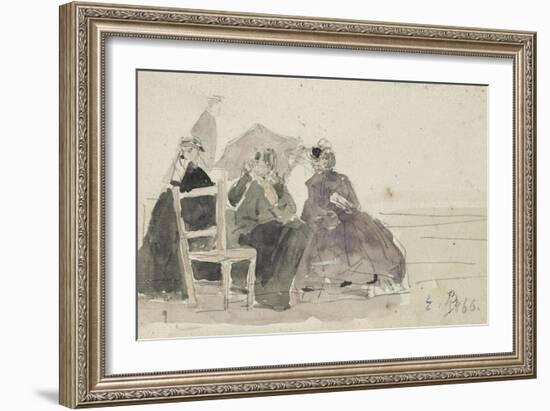 Three Women Seated on Chairs on a Beach-Eugene Louis Boudin-Framed Giclee Print