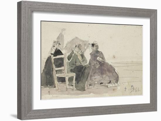 Three Women Seated on Chairs on a Beach-Eugene Louis Boudin-Framed Giclee Print