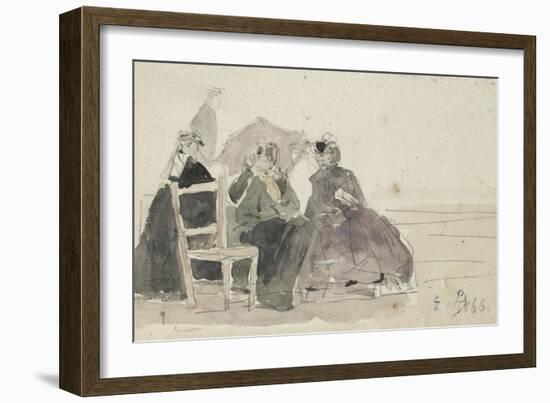 Three Women Seated on Chairs on a Beach-Eugene Louis Boudin-Framed Giclee Print