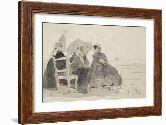 Three Women Seated on Chairs on a Beach-Eugene Louis Boudin-Framed Giclee Print
