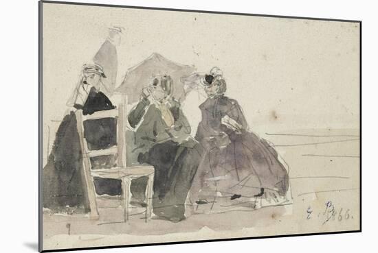 Three Women Seated on Chairs on a Beach-Eugene Louis Boudin-Mounted Giclee Print