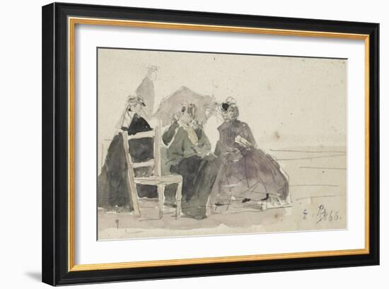 Three Women Seated on Chairs on a Beach-Eugene Louis Boudin-Framed Giclee Print